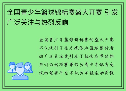 全国青少年篮球锦标赛盛大开赛 引发广泛关注与热烈反响 全国青少年篮球锦标赛盛大开赛 引发广泛关注与热烈反响