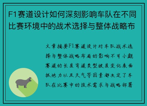 F1赛道设计如何深刻影响车队在不同比赛环境中的战术选择与整体战略布局